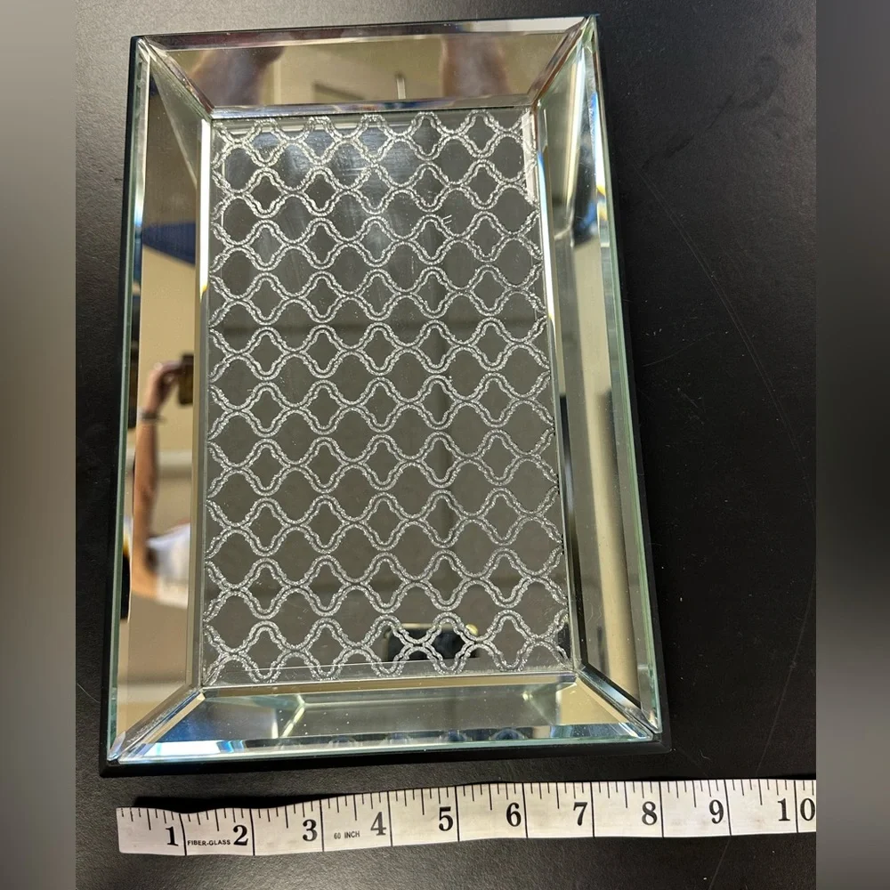 Glass rectangle tray 12”x 8” - slight adhesive discoloration in one corner
